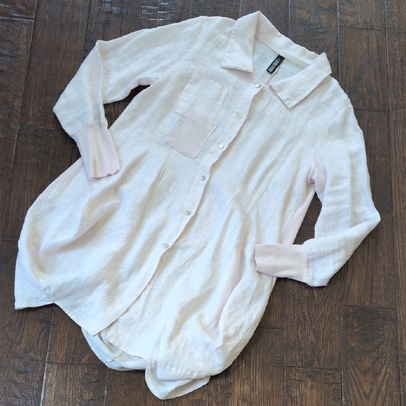 INIZIO Italy ONZ I Pink Linen Lagenlook Swirl-Hem Mixed Media Tunic Top, L - Picture 2 of 13